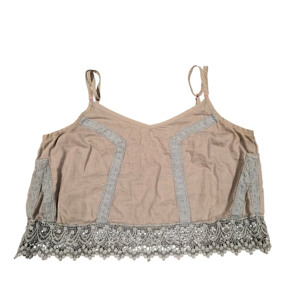 Crochet Lace Trim Cotton Crop Cami Top Button Back Boho Taupe Medium